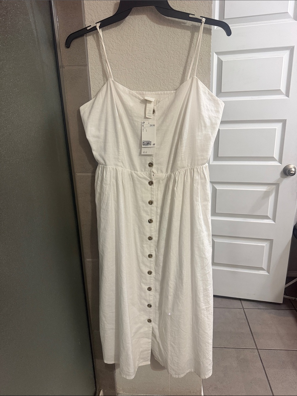 H&M White Button-Front Midi Dress with Spaghetti Straps
